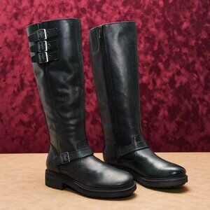 Lucky Brand Women Citere Black Leather Zip Riding Moto Tall Boots 7US EUR 37.5